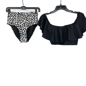 Black White Bikini Woman's Small 2-piece Swimwear‎ Ruffle Top High Waist Bottoms